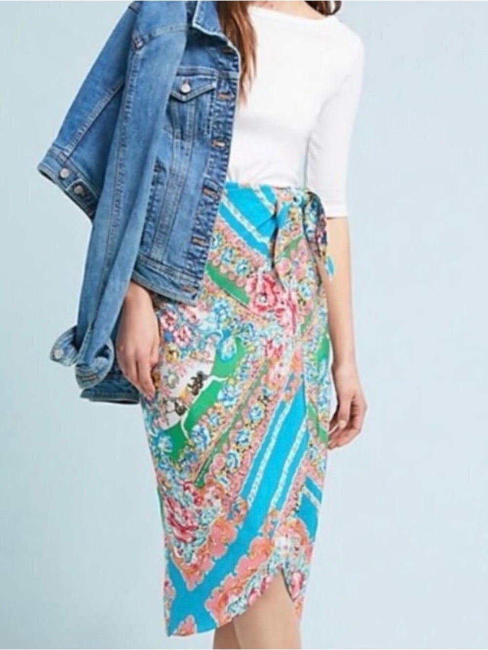 Anthropologie Turquoise Floral Tie-Waist Midi Skirt